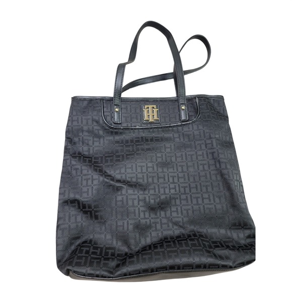 Tommy Hilfiger Handbags - Tommy Hilfiger Black Jacquard Monogram Tote Bag with Matching Pouch Gold Logo